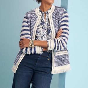 Talbots Blue & White Mixed Textured Sweater Jacket Fringe Hem Large